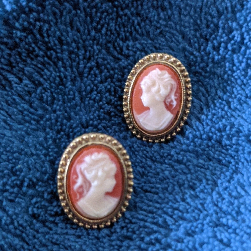Elegant Gold and Orange Cameo Earrings